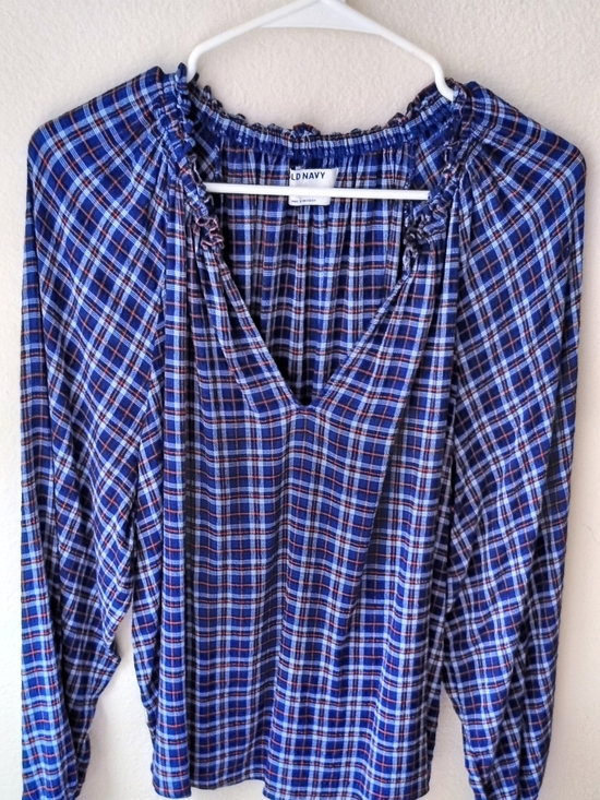 Old Navy Tops - Old Navy Navy and Red Plaid Peasant Blouse